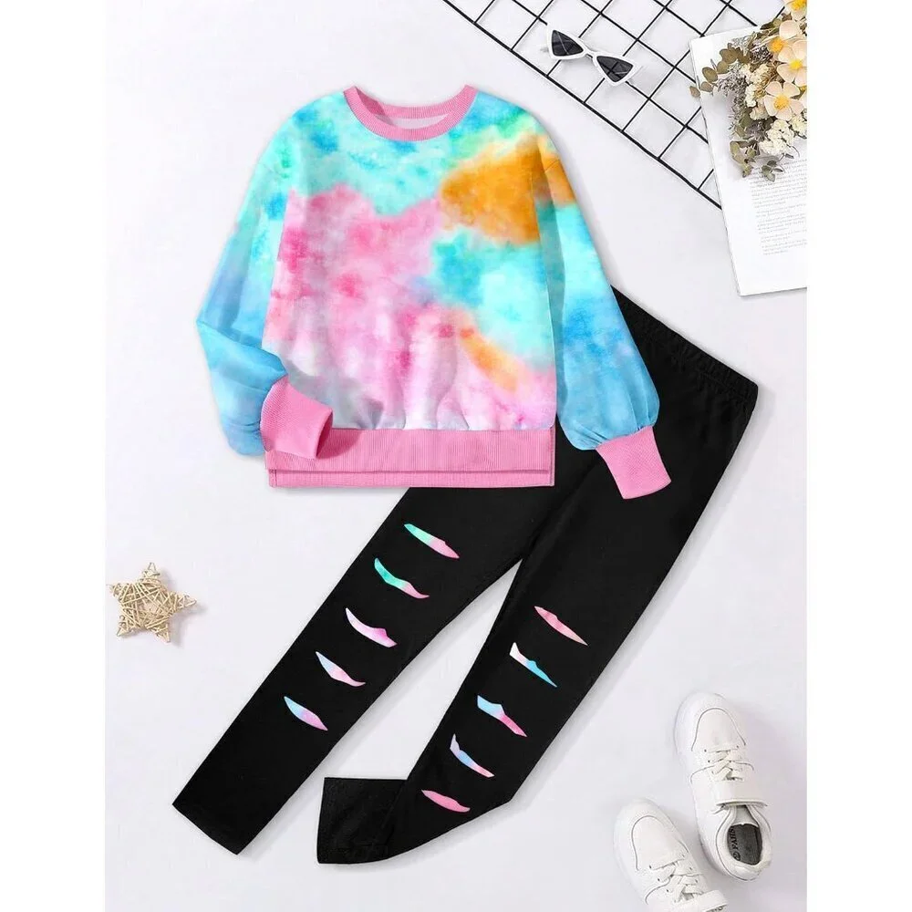 Girls Clothes, Girls Outfits Tie Dye Sweatshirt Tops and Leggings Sweatpants 2 P